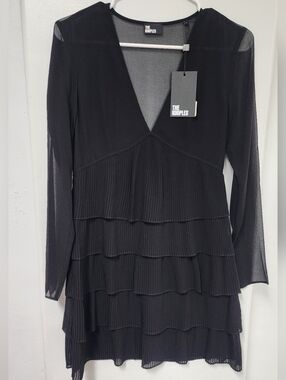 The Kooples Black Long-Sleeve Tiered V-Neck Pleated Dress